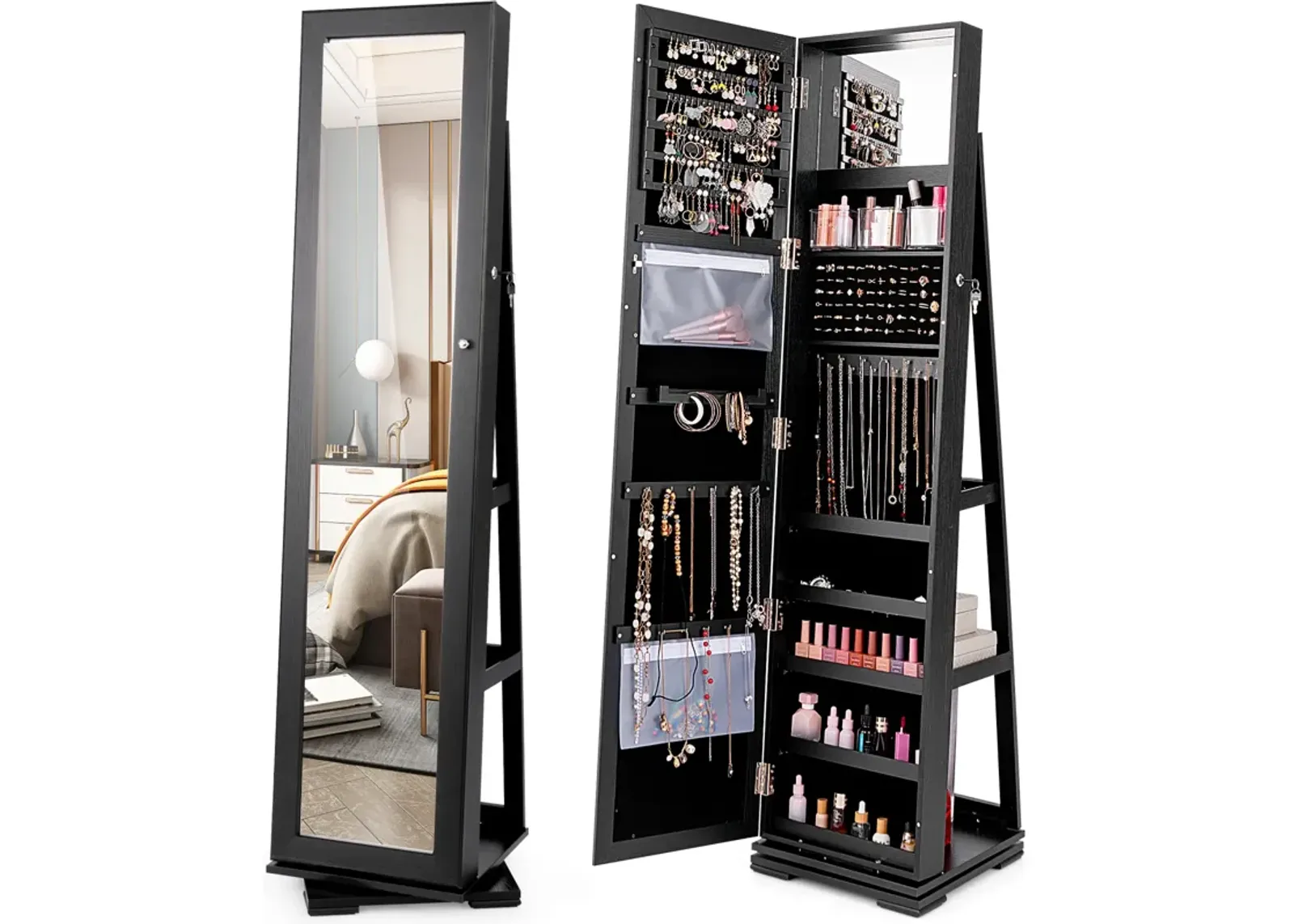 360° Rotatable 2-in-1 Lockable Jewelry Cabinet with Full-Length Mirror