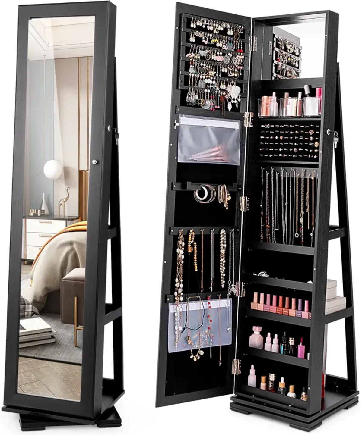 360° Rotatable 2-in-1 Lockable Jewelry Cabinet with Full-Length Mirror