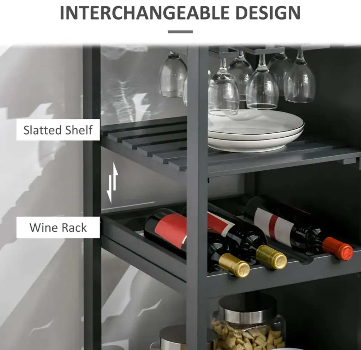 Gray Kitchen Helper: Rolling Island Cart with Wine Rack & Cabinet