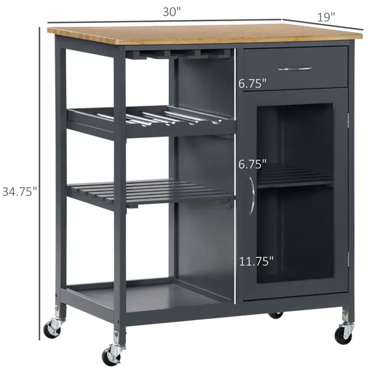 Gray Kitchen Helper: Rolling Island Cart with Wine Rack & Cabinet