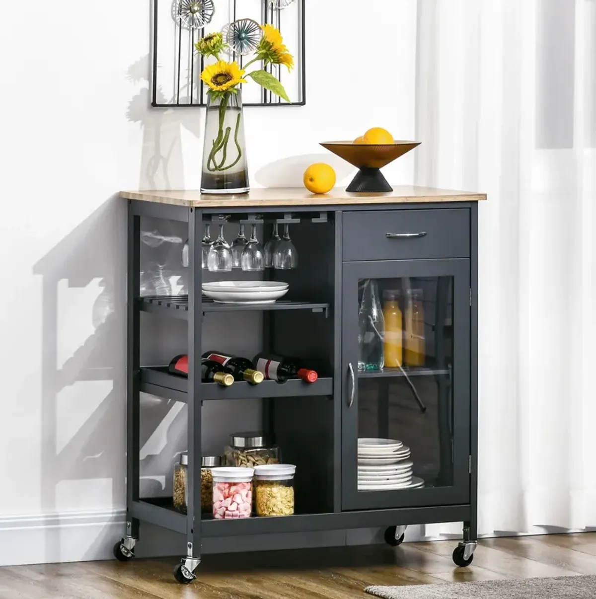 Gray Kitchen Helper: Rolling Island Cart with Wine Rack & Cabinet