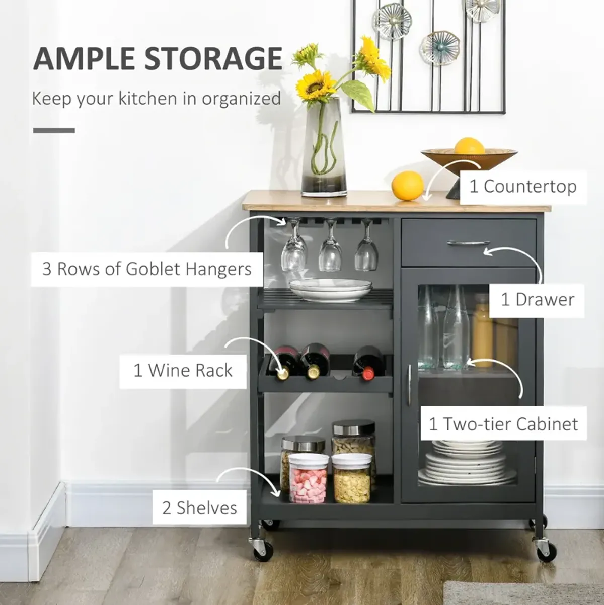 Gray Kitchen Helper: Rolling Island Cart with Wine Rack & Cabinet