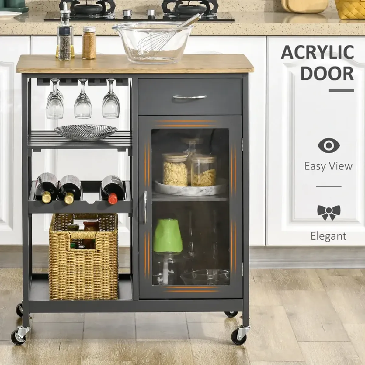 Gray Kitchen Helper: Rolling Island Cart with Wine Rack & Cabinet