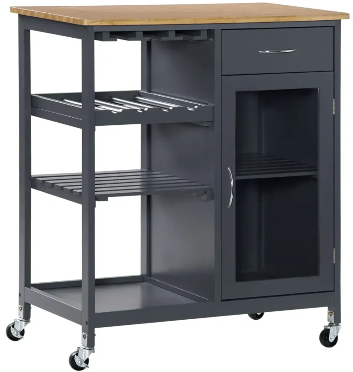 Gray Kitchen Helper: Rolling Island Cart with Wine Rack & Cabinet