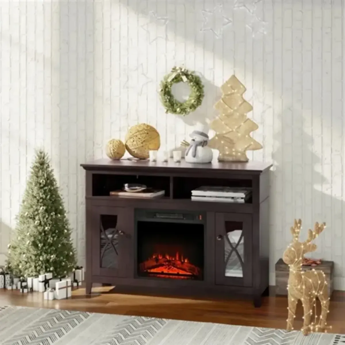 Electric Fireplace Mantel TV Stand with Adjustable Shelves 2 Storage Cabinets