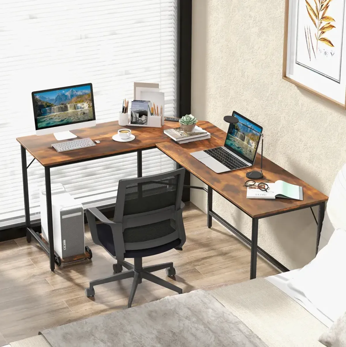 L-Shaped Computer Desk with CPU Stand Power Outlets and USB Ports