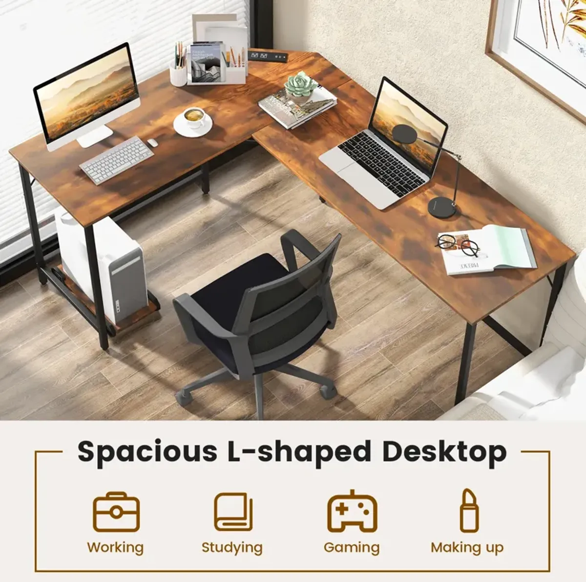 L-Shaped Computer Desk with CPU Stand Power Outlets and USB Ports