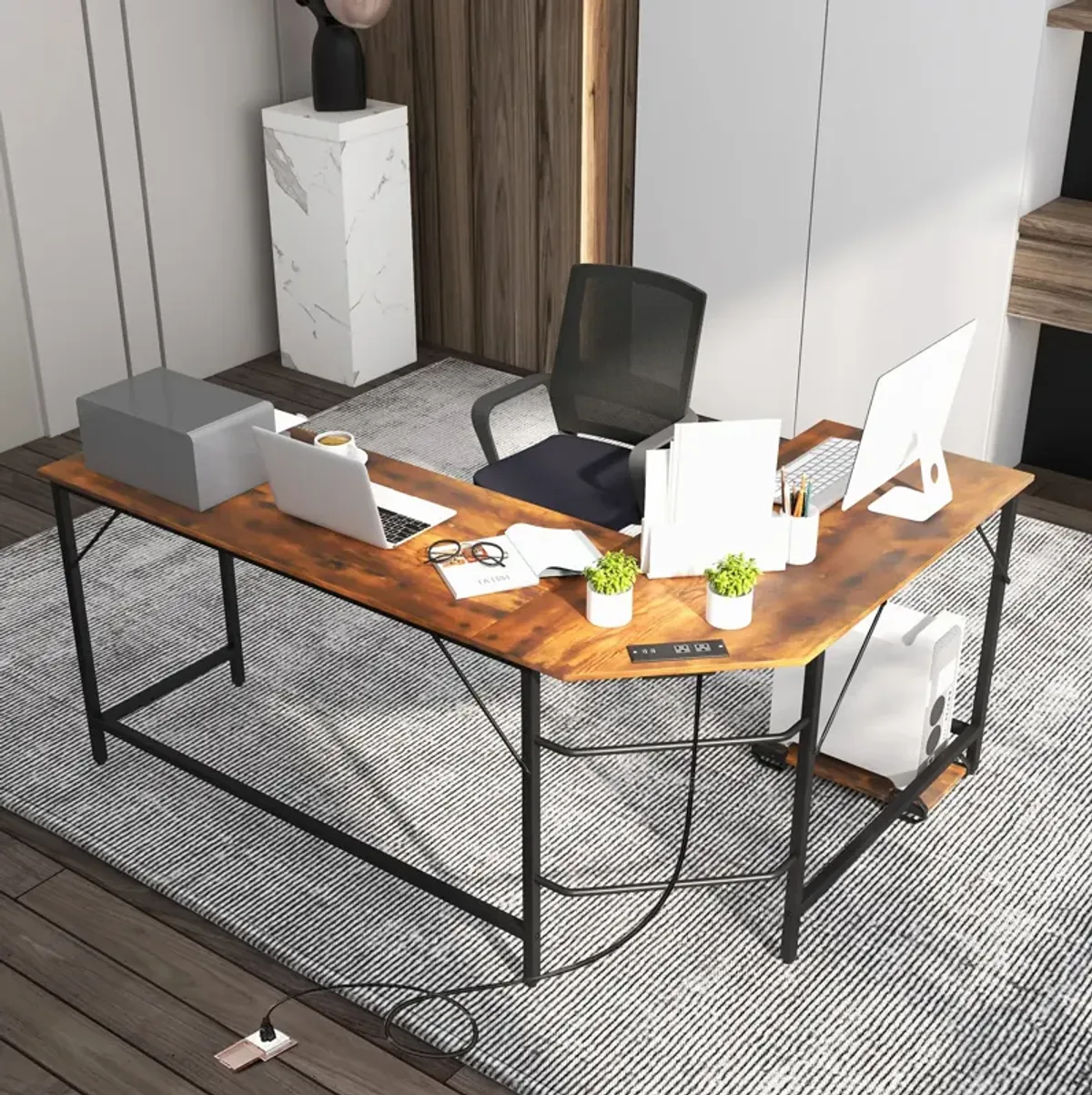 L-Shaped Computer Desk with CPU Stand Power Outlets and USB Ports