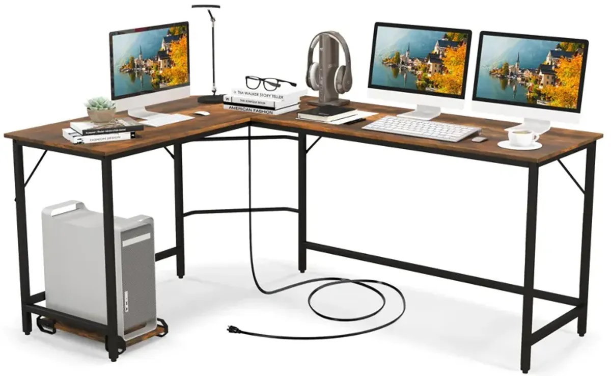 L-Shaped Computer Desk with CPU Stand Power Outlets and USB Ports