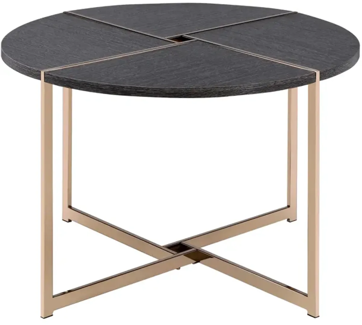 Coffee Table with X Shaped Metal Base and Round Wooden Top, Gold and Gray-Benzara