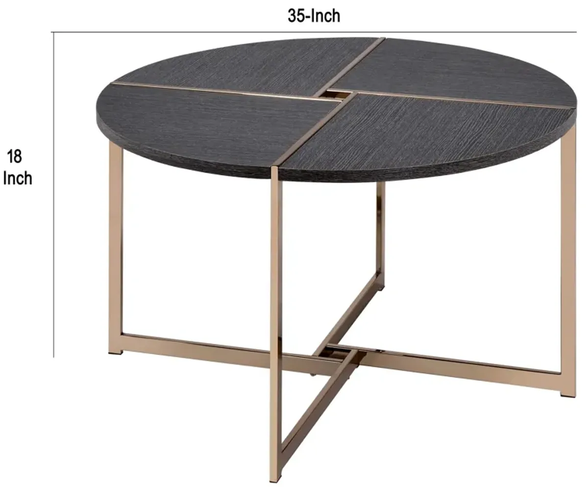 Coffee Table with X Shaped Metal Base and Round Wooden Top, Gold and Gray-Benzara