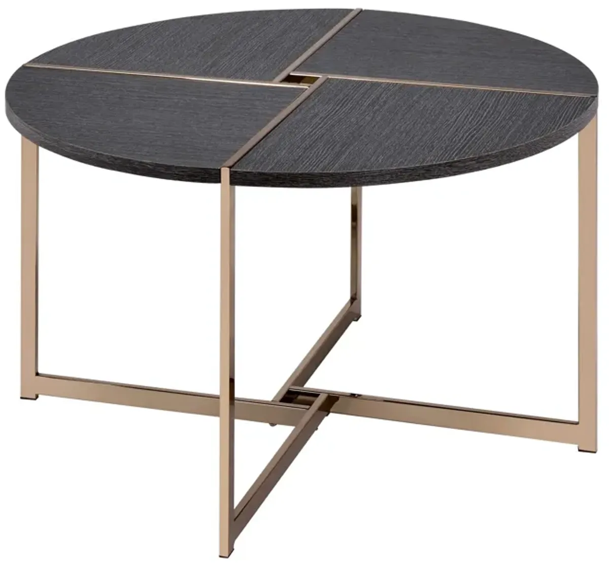 Coffee Table with X Shaped Metal Base and Round Wooden Top, Gold and Gray-Benzara