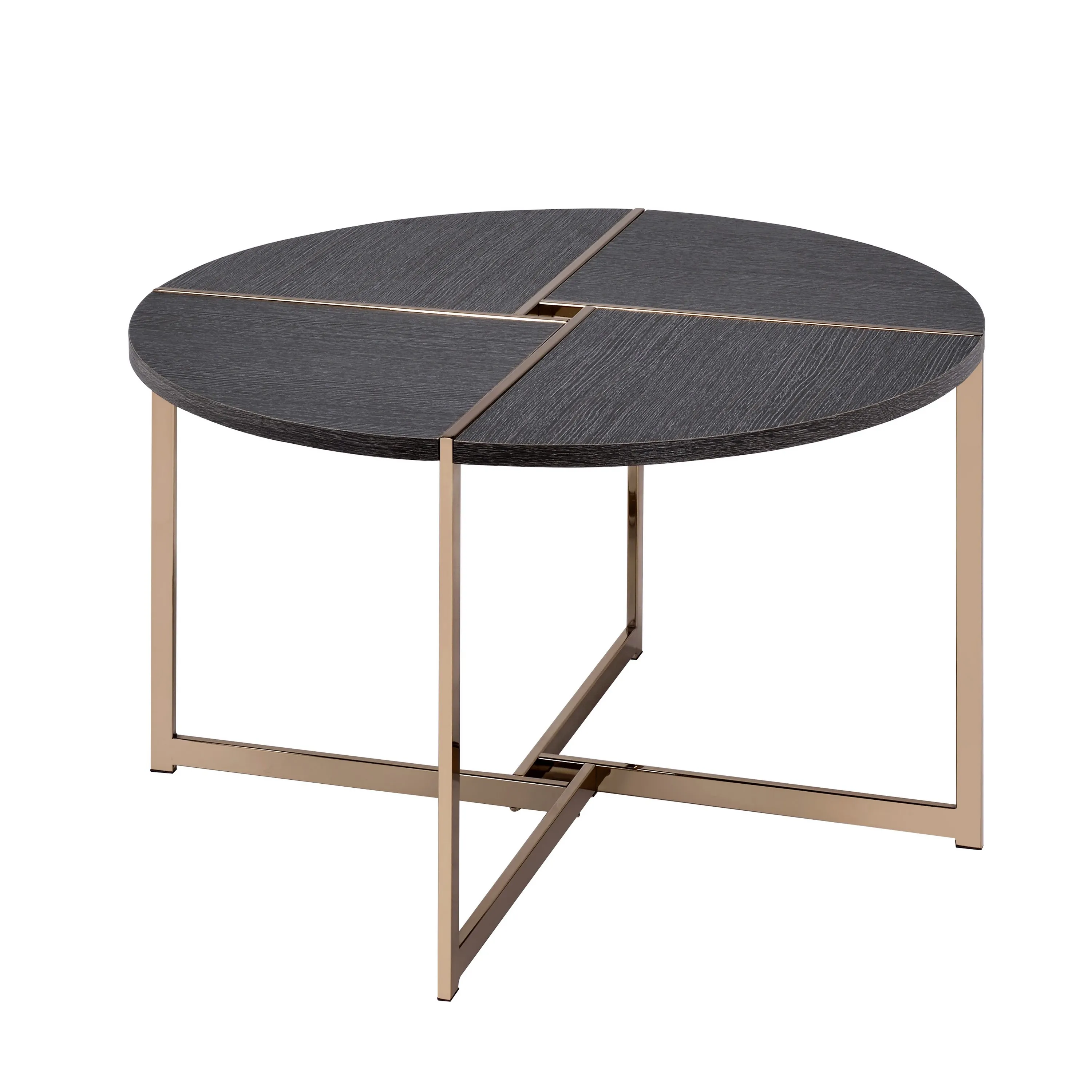 Coffee Table with X Shaped Metal Base and Round Wooden Top, Gold and Gray-Benzara