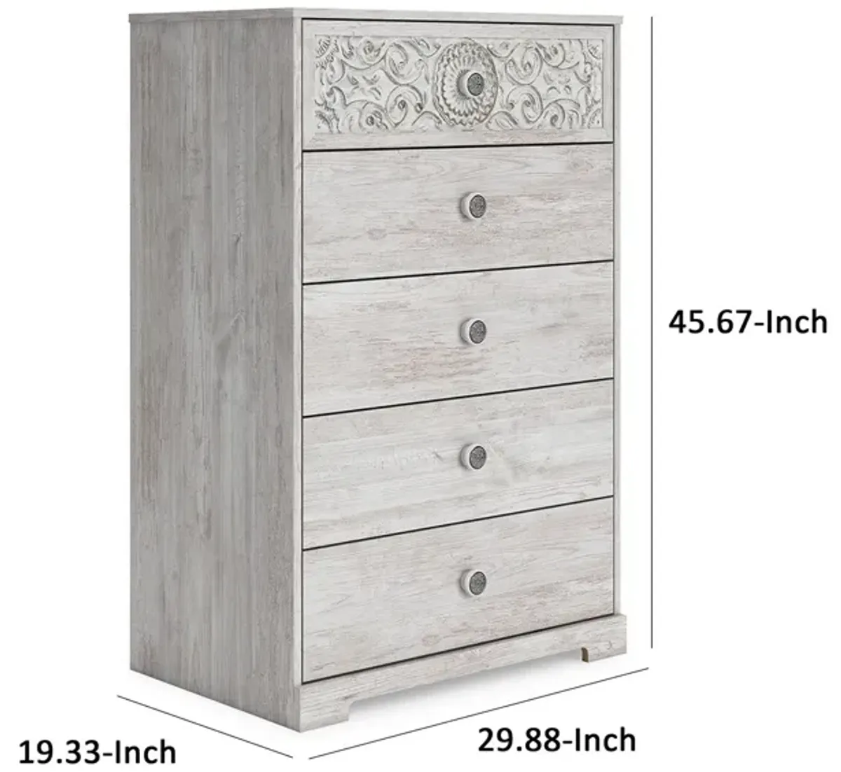 46 Inch 5 Drawer Modern Tall Dresser Chest, Whitewashed Carved Design Wood - Benzara