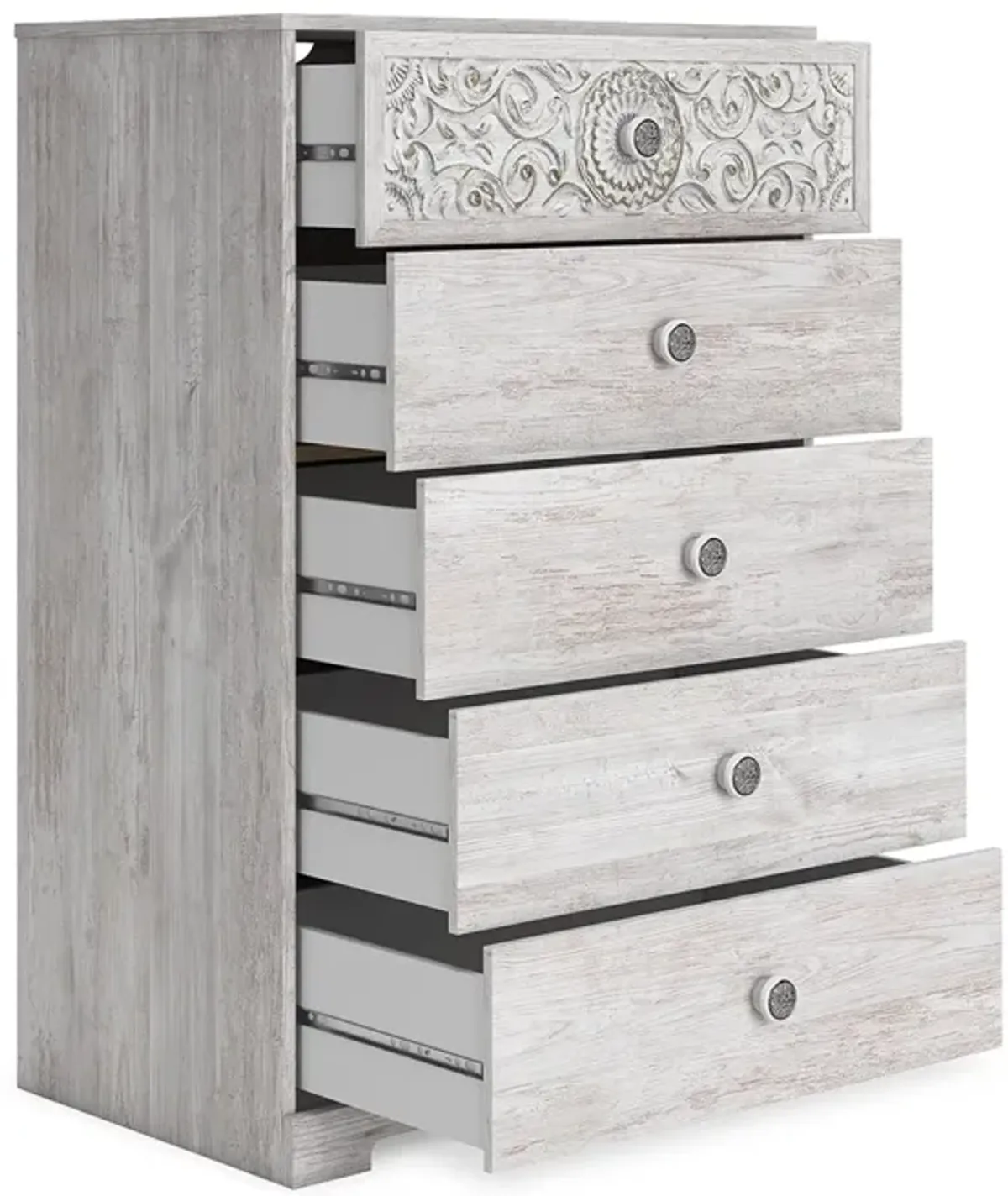 46 Inch 5 Drawer Modern Tall Dresser Chest, Whitewashed Carved Design Wood - Benzara