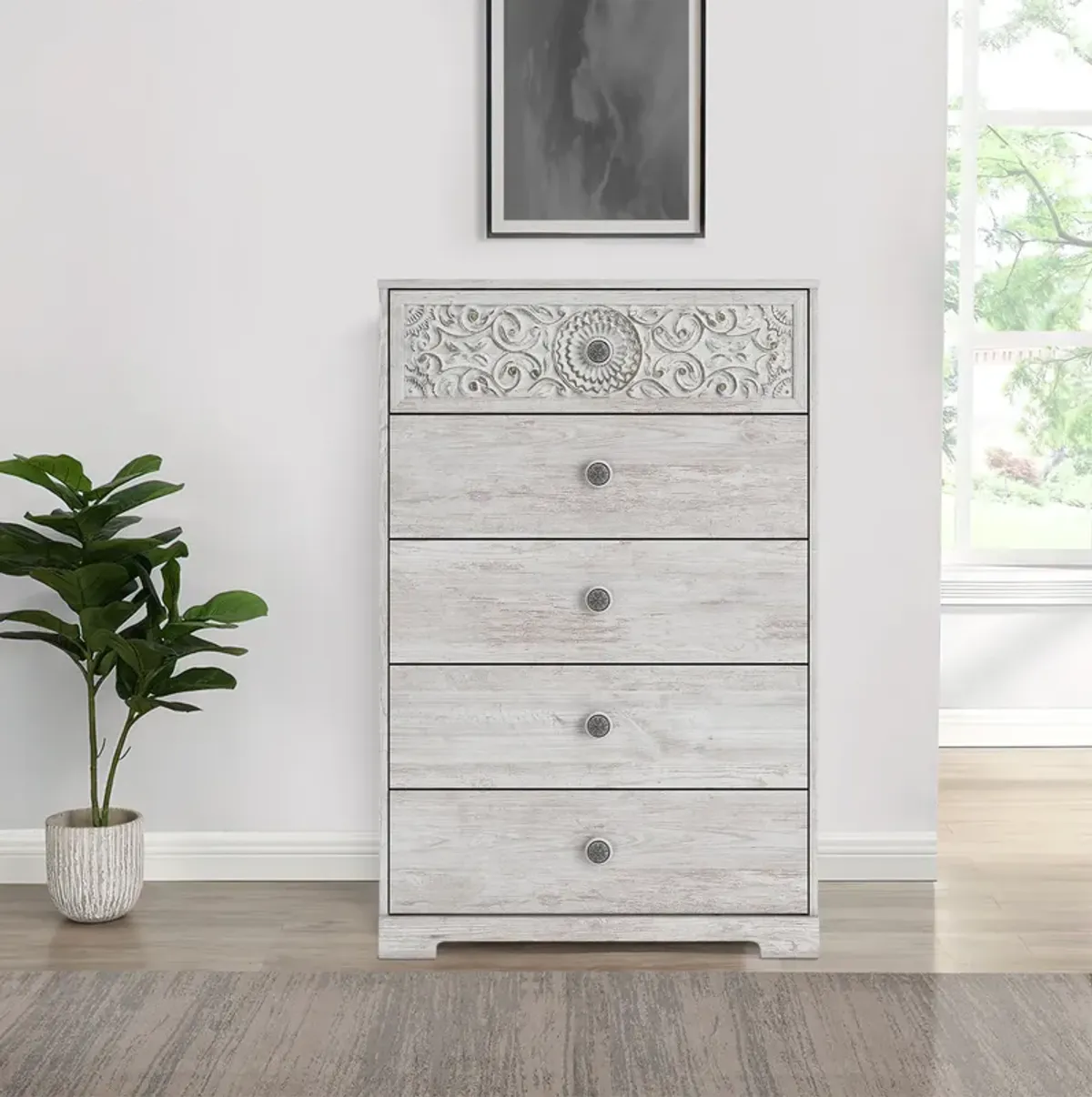 46 Inch 5 Drawer Modern Tall Dresser Chest, Whitewashed Carved Design Wood - Benzara