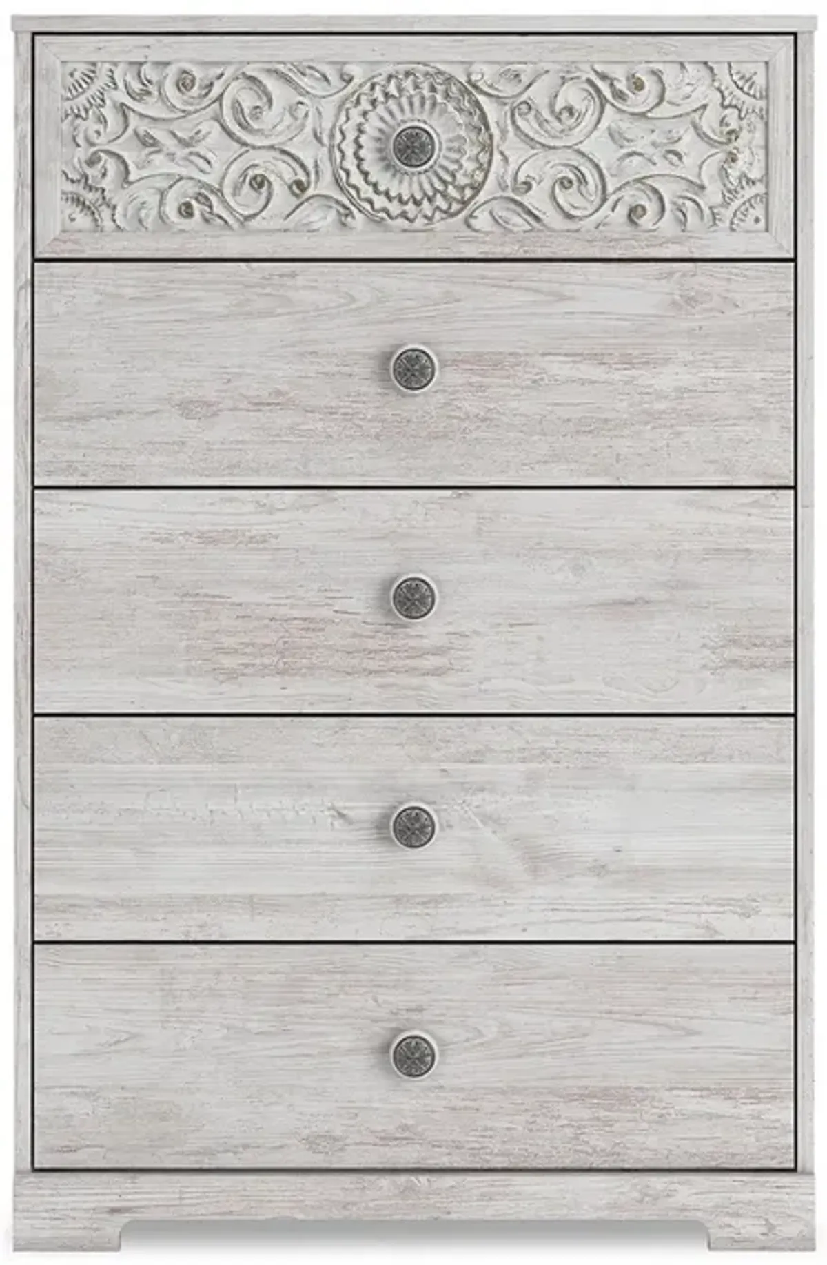 46 Inch 5 Drawer Modern Tall Dresser Chest, Whitewashed Carved Design Wood - Benzara