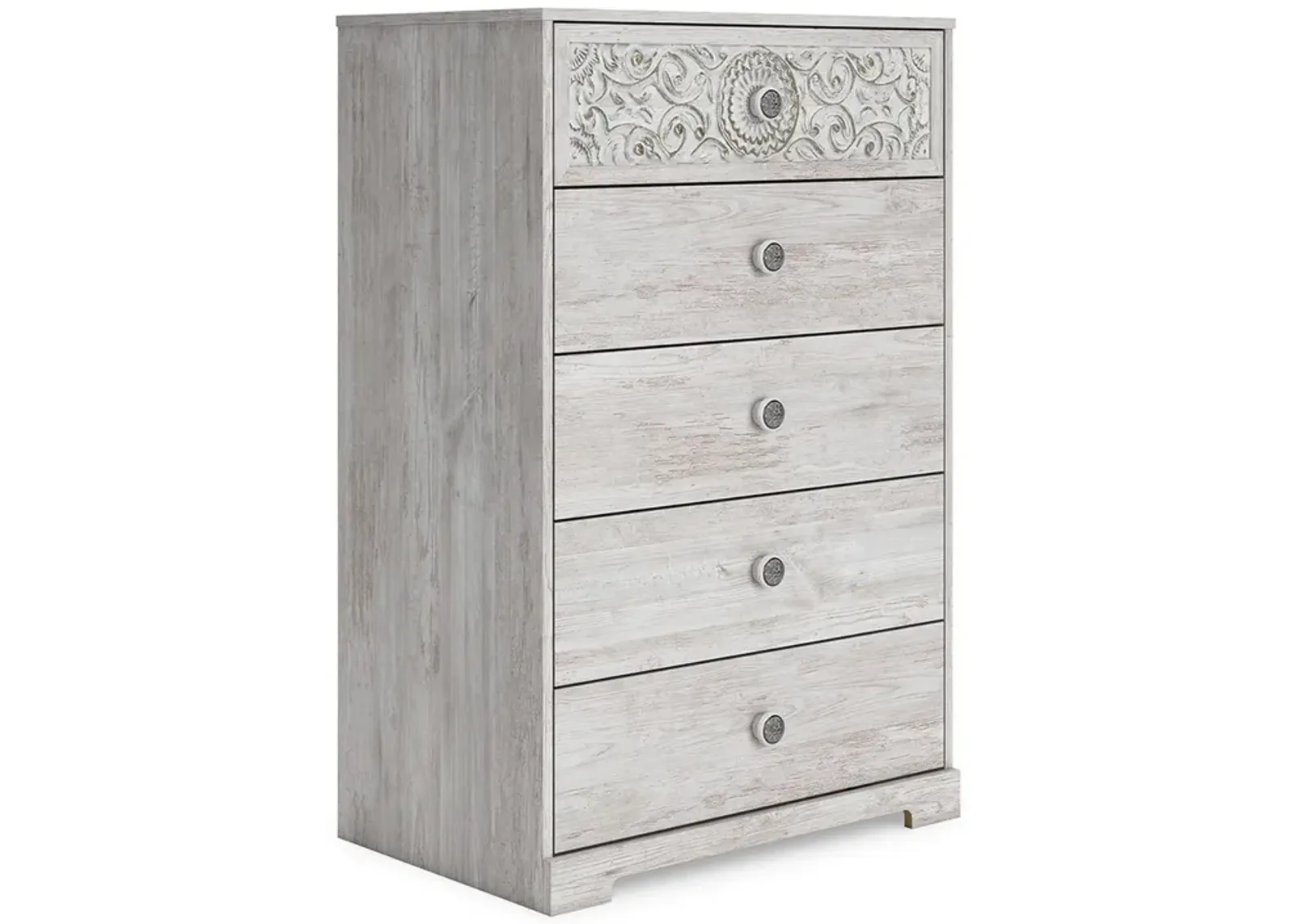 46 Inch 5 Drawer Modern Tall Dresser Chest, Whitewashed Carved Design Wood - Benzara