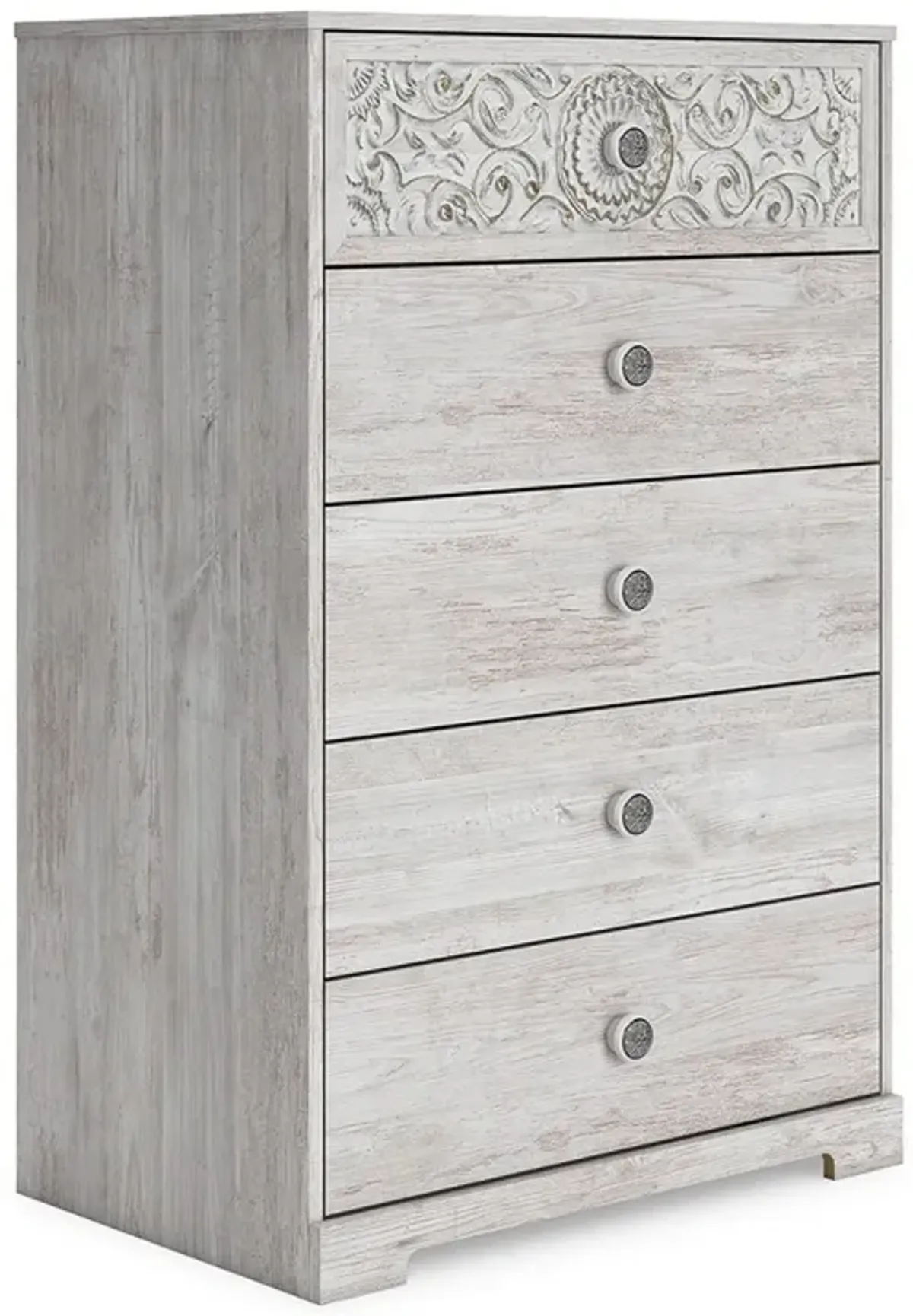 46 Inch 5 Drawer Modern Tall Dresser Chest, Whitewashed Carved Design Wood - Benzara