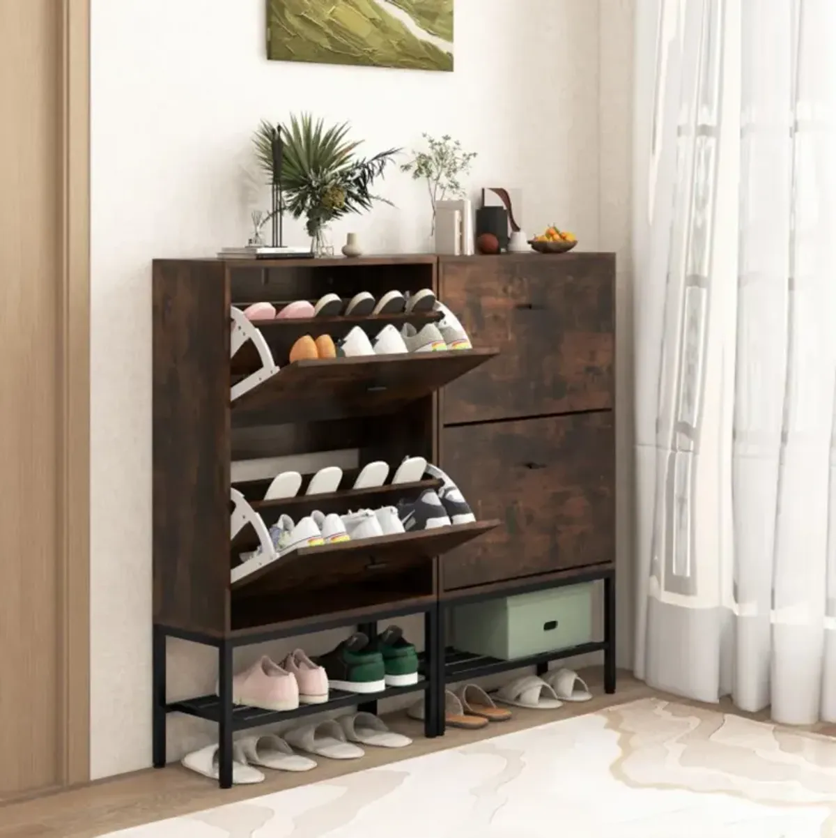 Hivvago Industrial Shoe Storage Cabinet with 2 Flip Drawers and 1 Bottom Metal Shelf