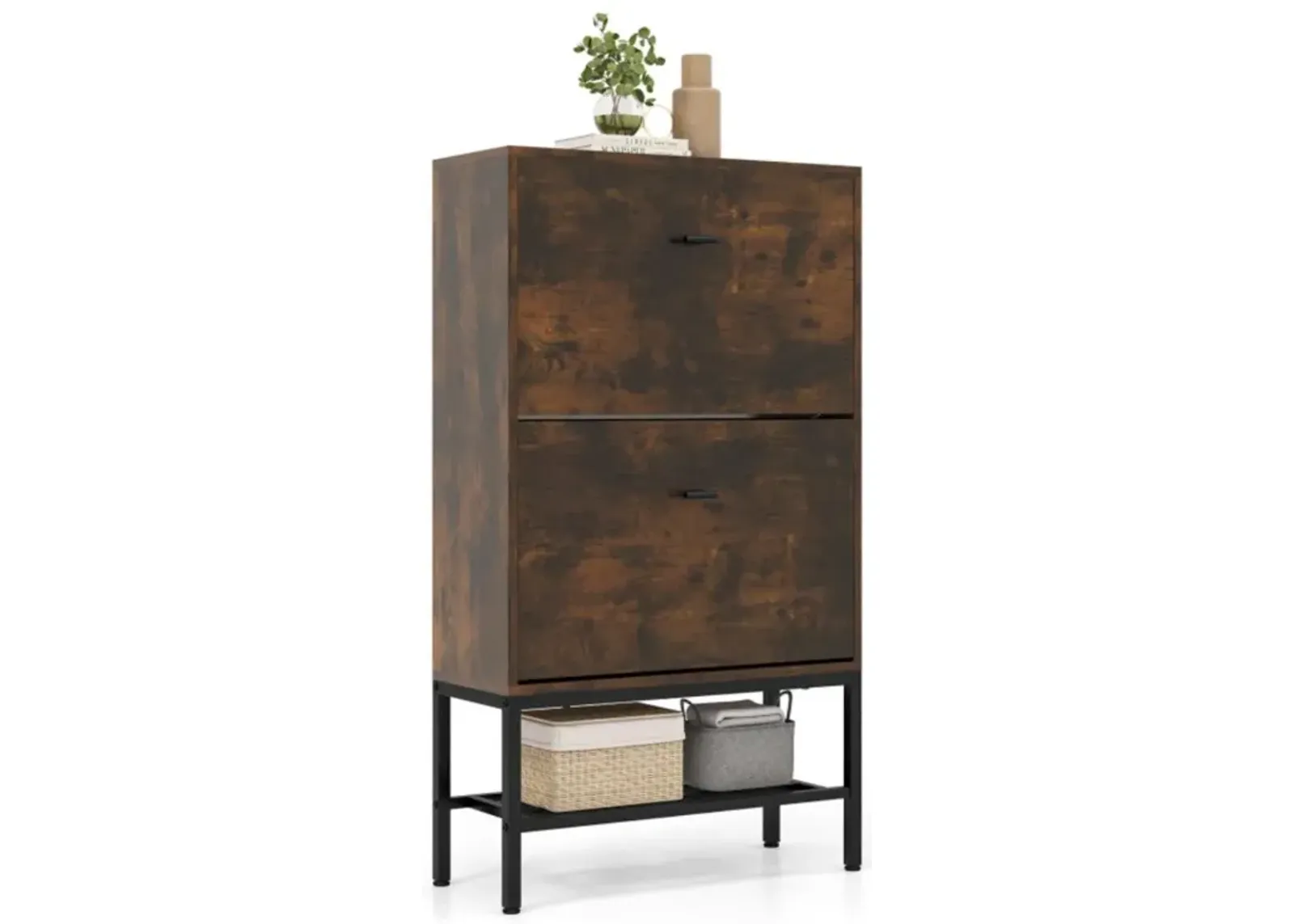 Hivvago Industrial Shoe Storage Cabinet with 2 Flip Drawers and 1 Bottom Metal Shelf