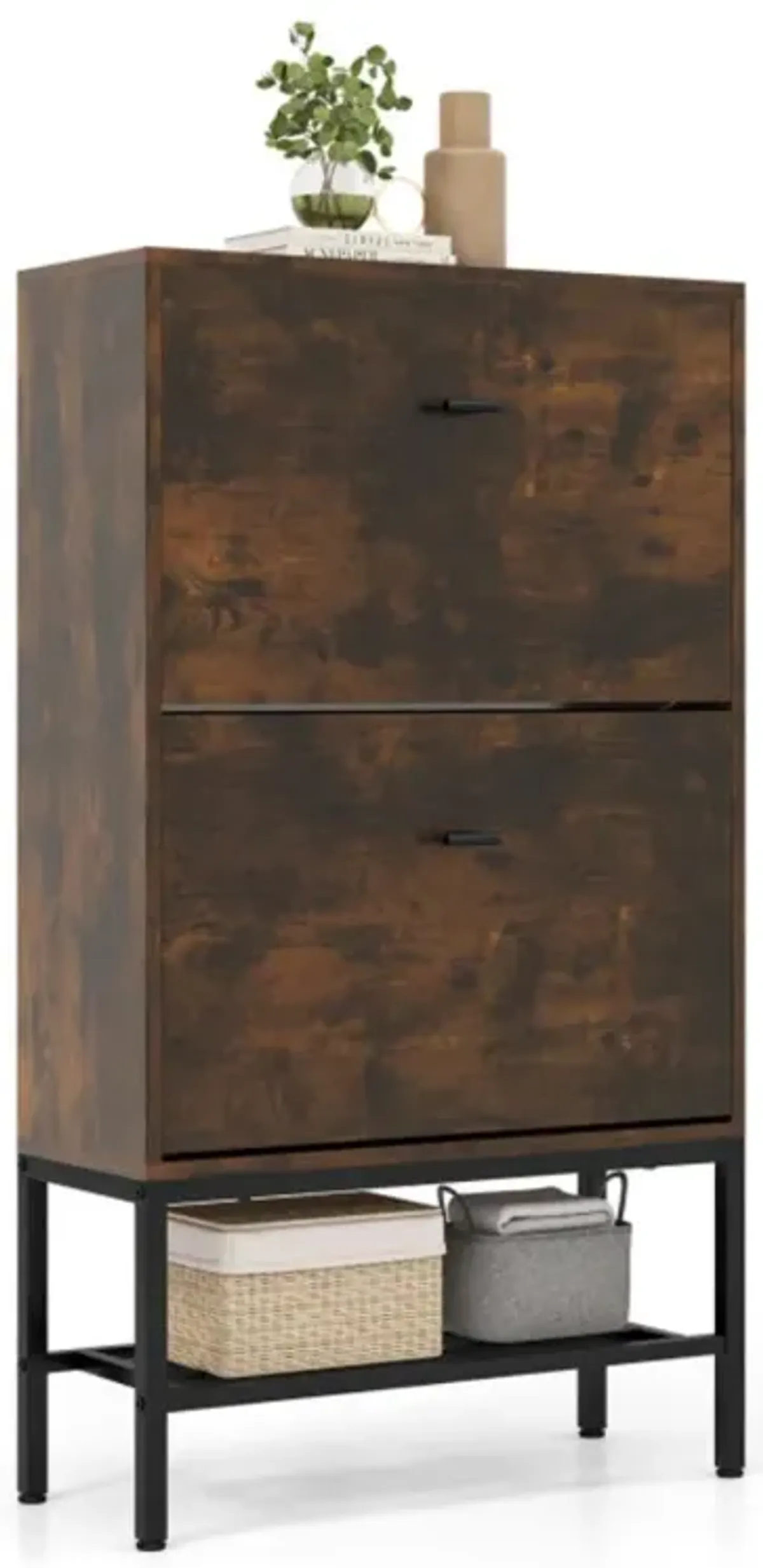 Hivvago Industrial Shoe Storage Cabinet with 2 Flip Drawers and 1 Bottom Metal Shelf