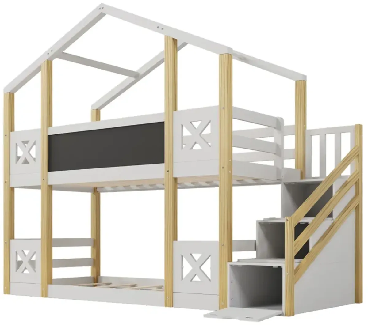 Twin Over Twin House Bunk Bed With White Storage Staircase And Blackboards, White