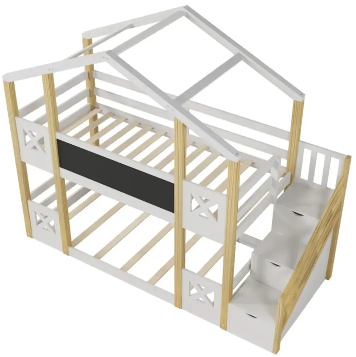 Twin Over Twin House Bunk Bed With White Storage Staircase And Blackboards, White