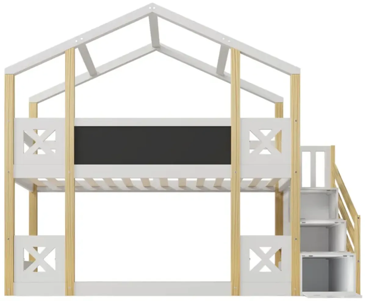 Twin Over Twin House Bunk Bed With White Storage Staircase And Blackboards, White