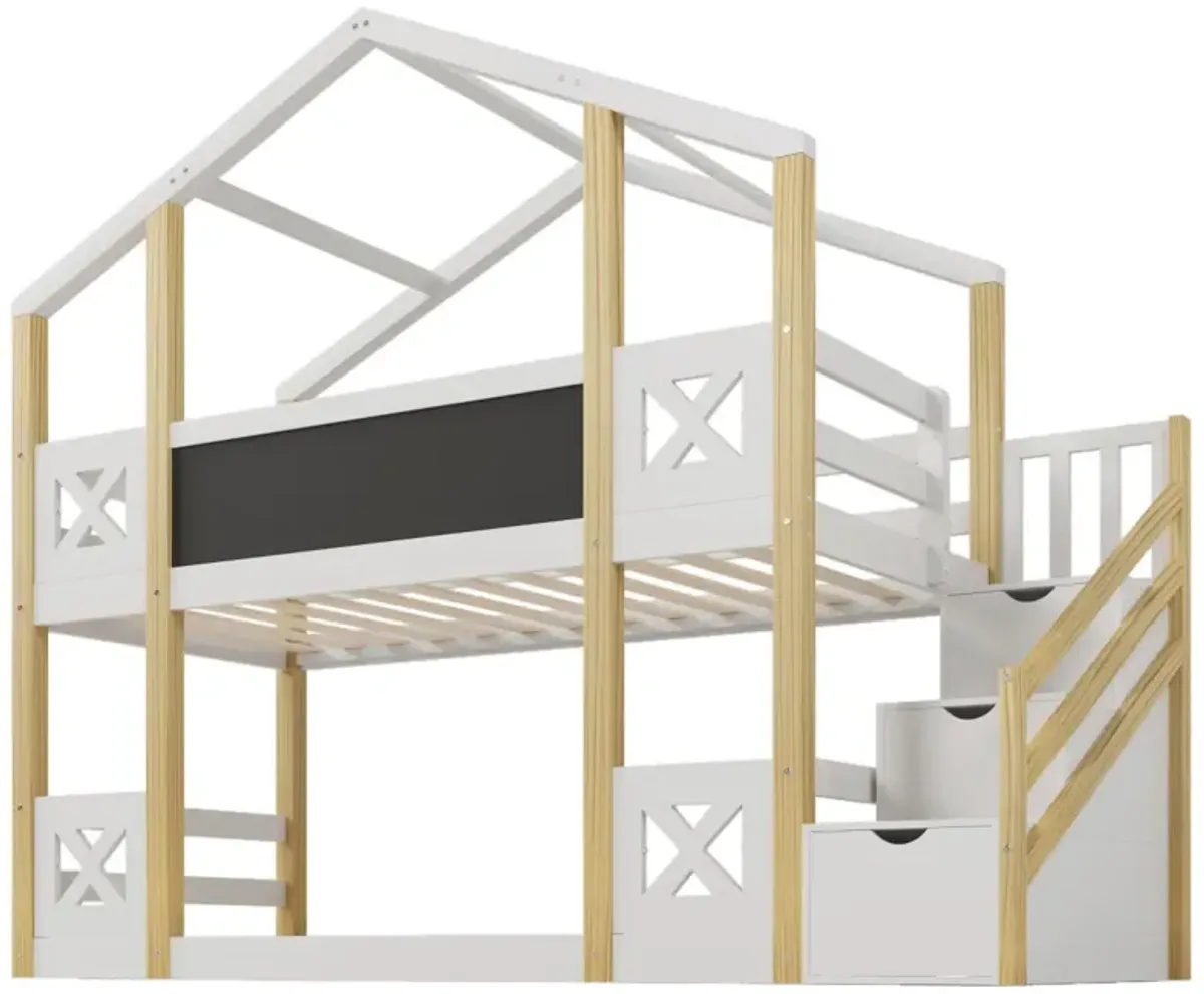 Twin Over Twin House Bunk Bed With White Storage Staircase And Blackboards, White