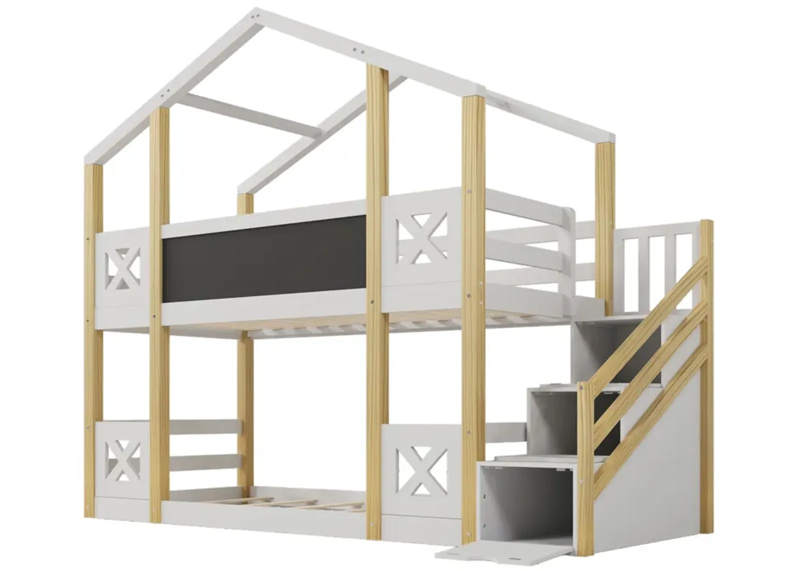 Twin Over Twin House Bunk Bed With White Storage Staircase And Blackboards, White