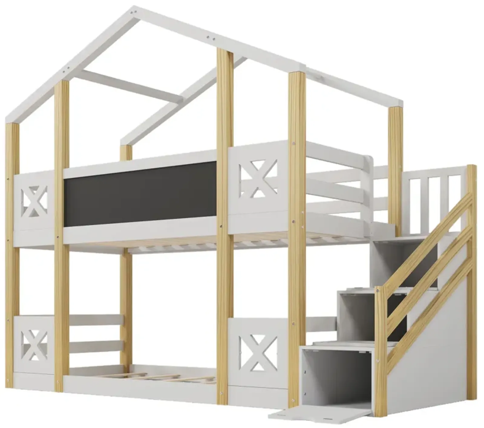 Twin Over Twin House Bunk Bed With White Storage Staircase And Blackboards, White