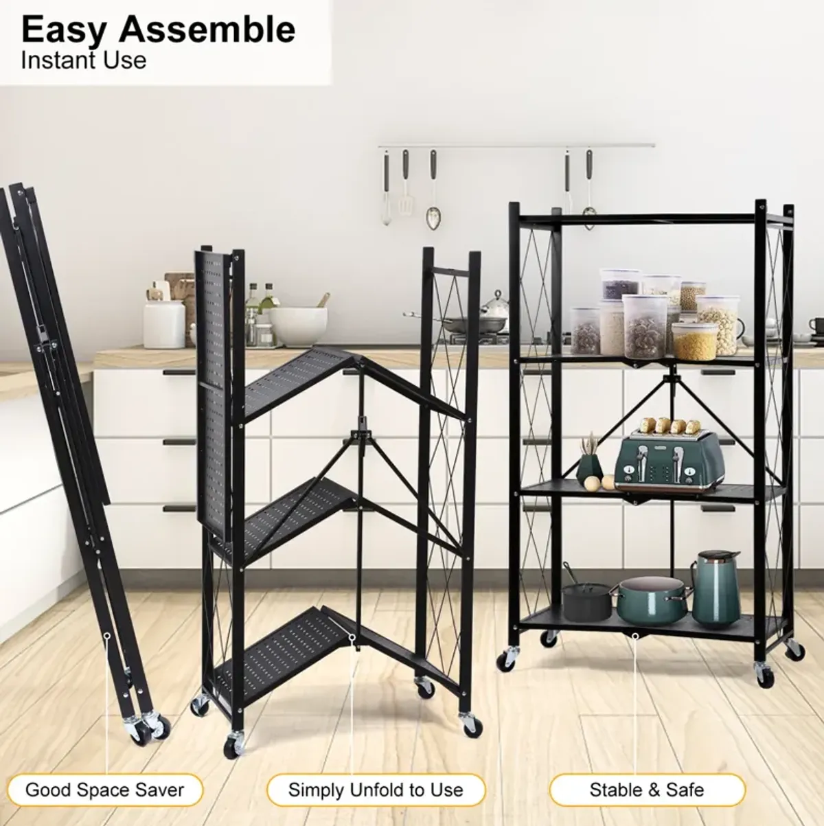 Healthsmart 4-Tier Heavy Duty Foldable Metal Rack Storage Shelving Unit With Wheels