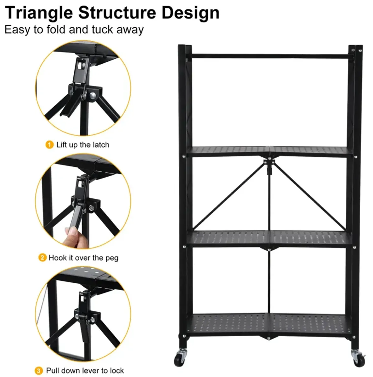 Healthsmart 4-Tier Heavy Duty Foldable Metal Rack Storage Shelving Unit With Wheels