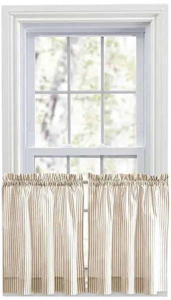 Ellis Curtain Plaza Classic Ticking Stripe Printed 1.5" Rod Pocket Tailored Tiers Tan