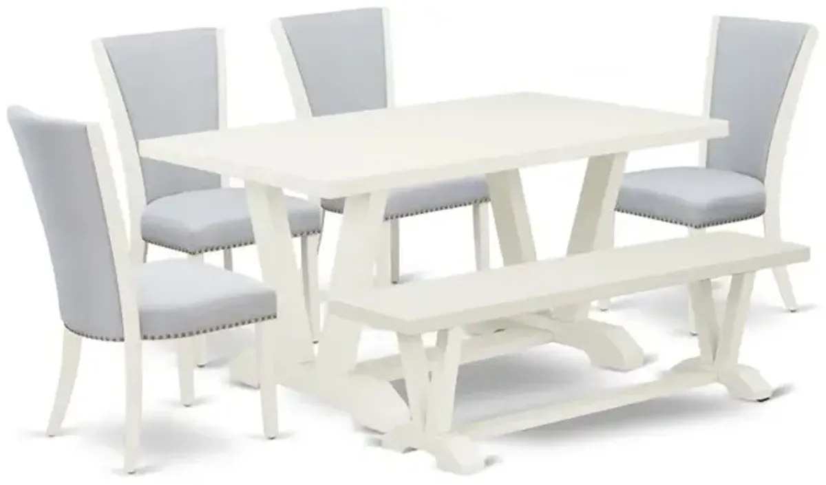East West Furniture V026VE005-6 6 Piece Table Set - 4 Grey Linen Fabric Parson Chairs with Nailheads and Wirebrushed Linen White Wooden Dining Table - 1 Kitchen Bench - Wirebrush Linen White Finish