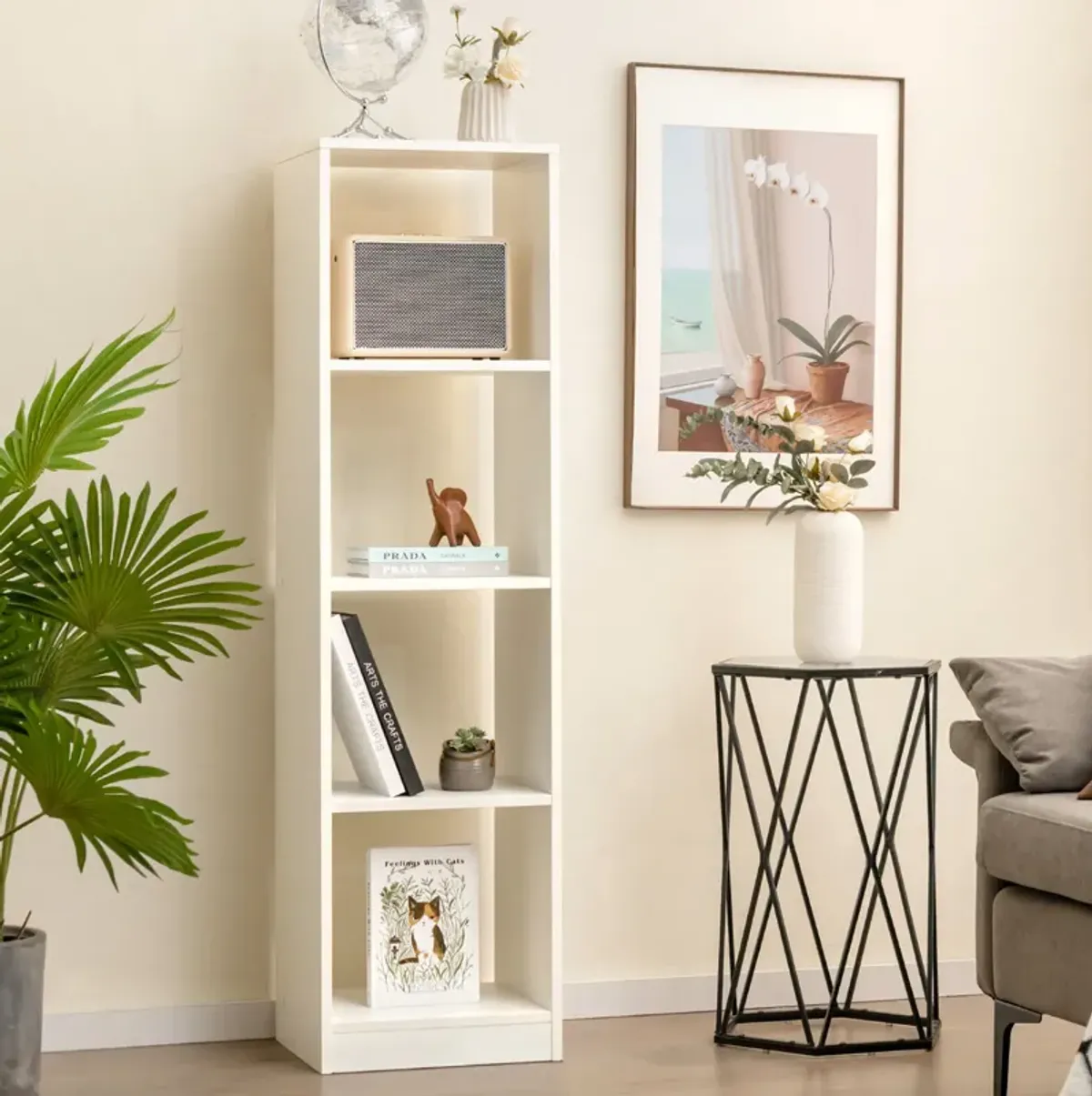 5 Tiers 4-Cube Narrow Bookshelf with 4 Anti-Tipping Kits-White