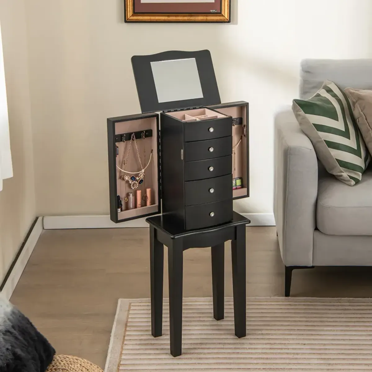 Jewelry Armoire with Top Flip Mirror and 4 Drawers