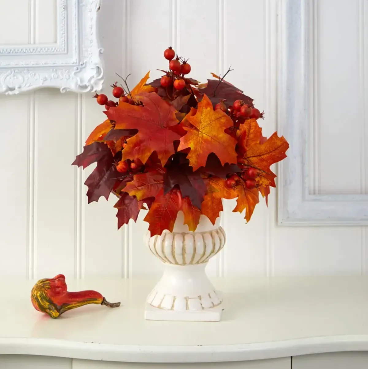 HomPlanti 20" Autumn Maple Leaf and Berries Artificial Plant in White Urn