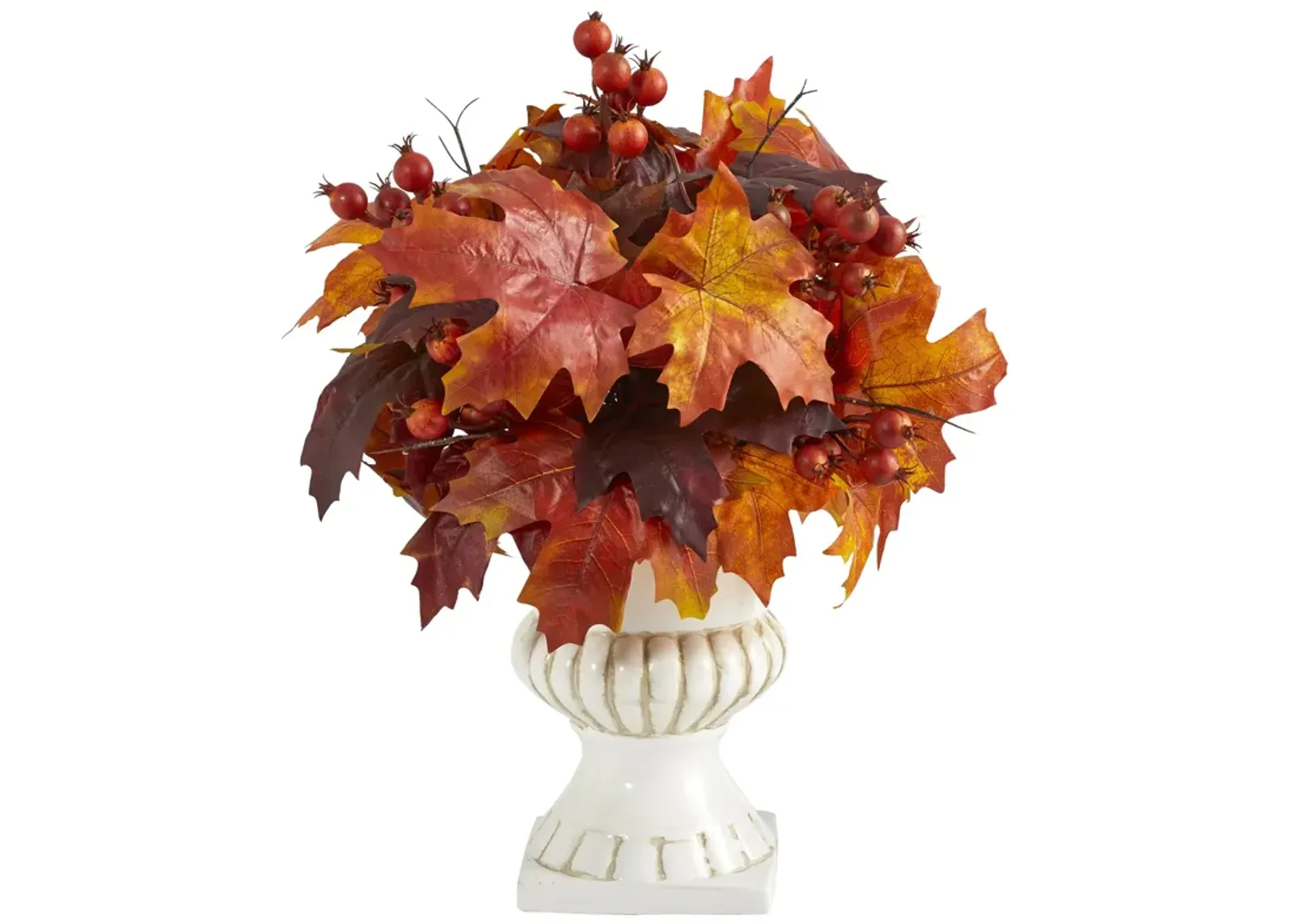 HomPlanti 20" Autumn Maple Leaf and Berries Artificial Plant in White Urn