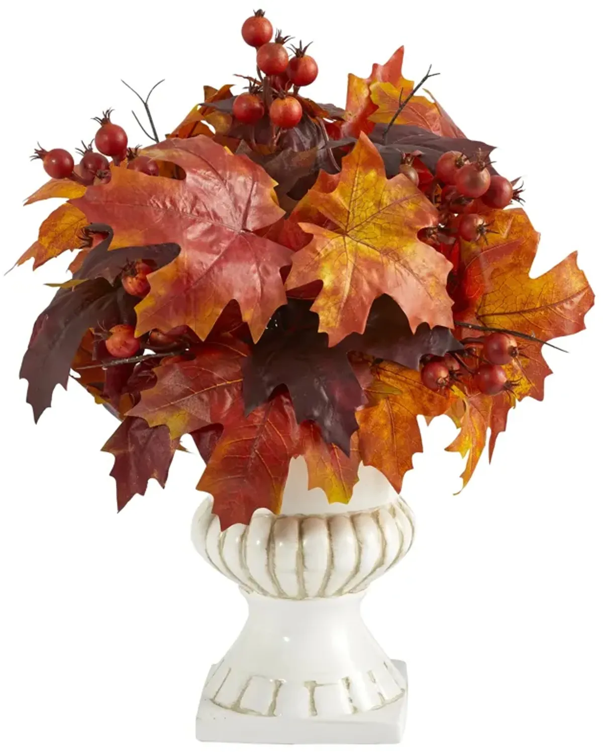 HomPlanti 20" Autumn Maple Leaf and Berries Artificial Plant in White Urn