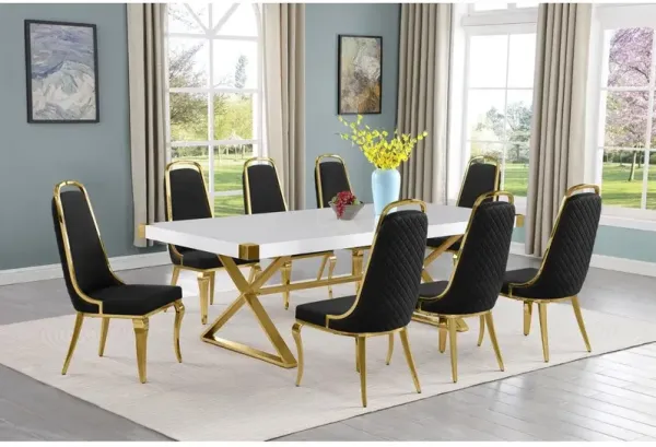 Best Quality Furniture 9pc Large(94) white wood top dining set with gold base and 8 Black side chairs