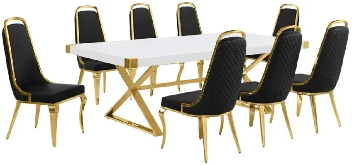 Best Quality Furniture 9pc Large(94) white wood top dining set with gold base and 8 Black side chairs