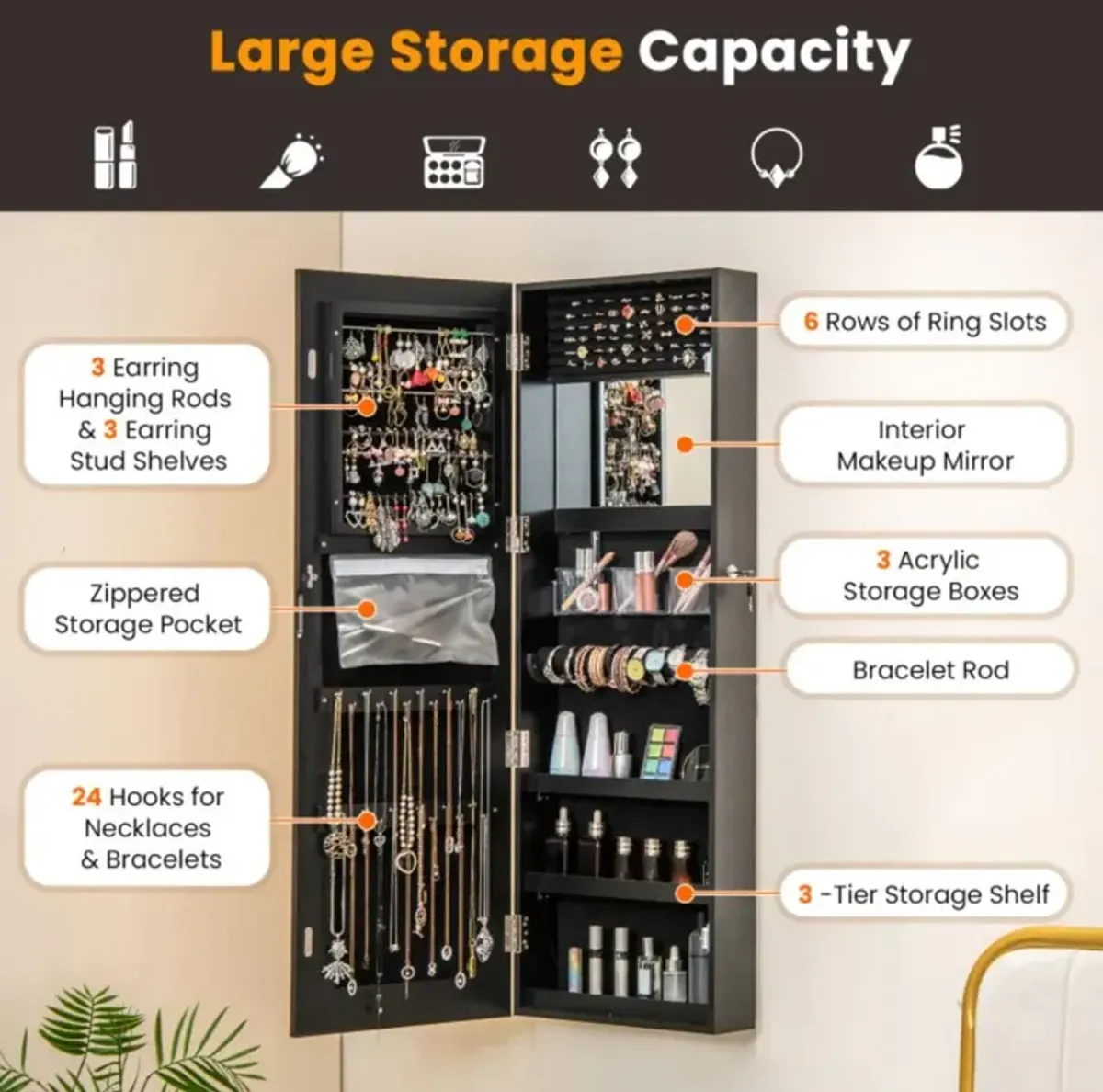 Hivvago Mirrored Jewelry Armoire with Full Length Mirror and 2 Internal LED Lights