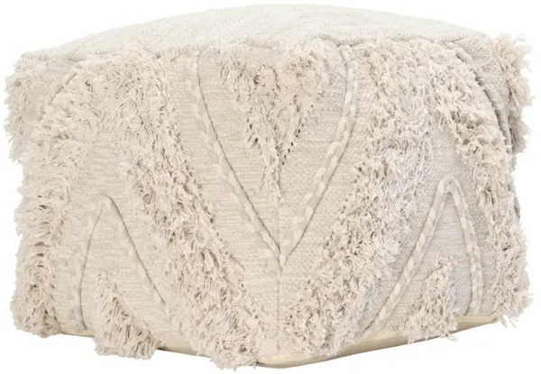 Fabric Pouf Ottoman with Woven Design and Fringe Details, Cream-Benzara