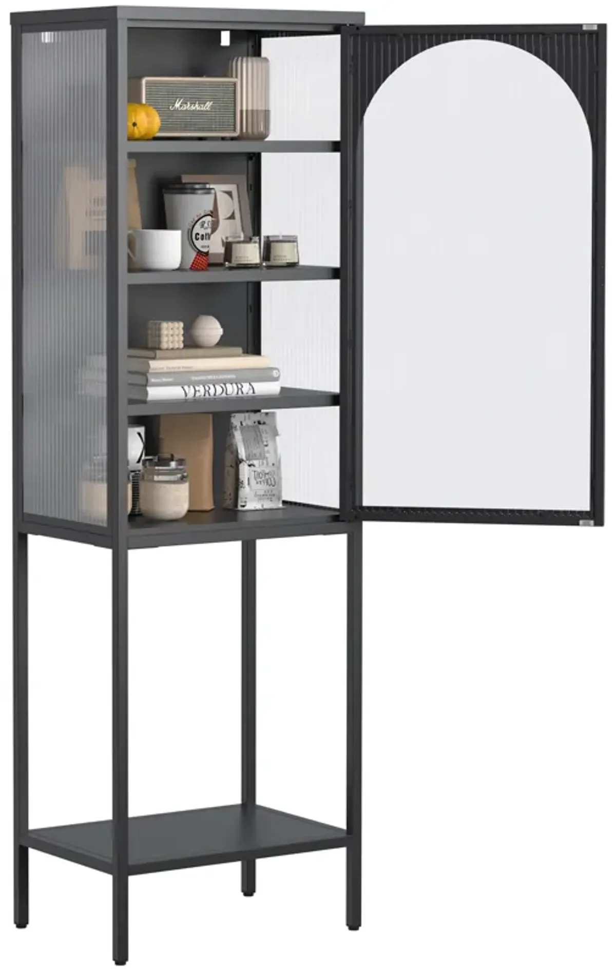 Metal Glass Door Display Storage Cabinet - 5-Tier Cube Bookshelf Storage Cabinet with 3 Adjustable Shelves For kitchen, dining room, living room, bathroom, home office