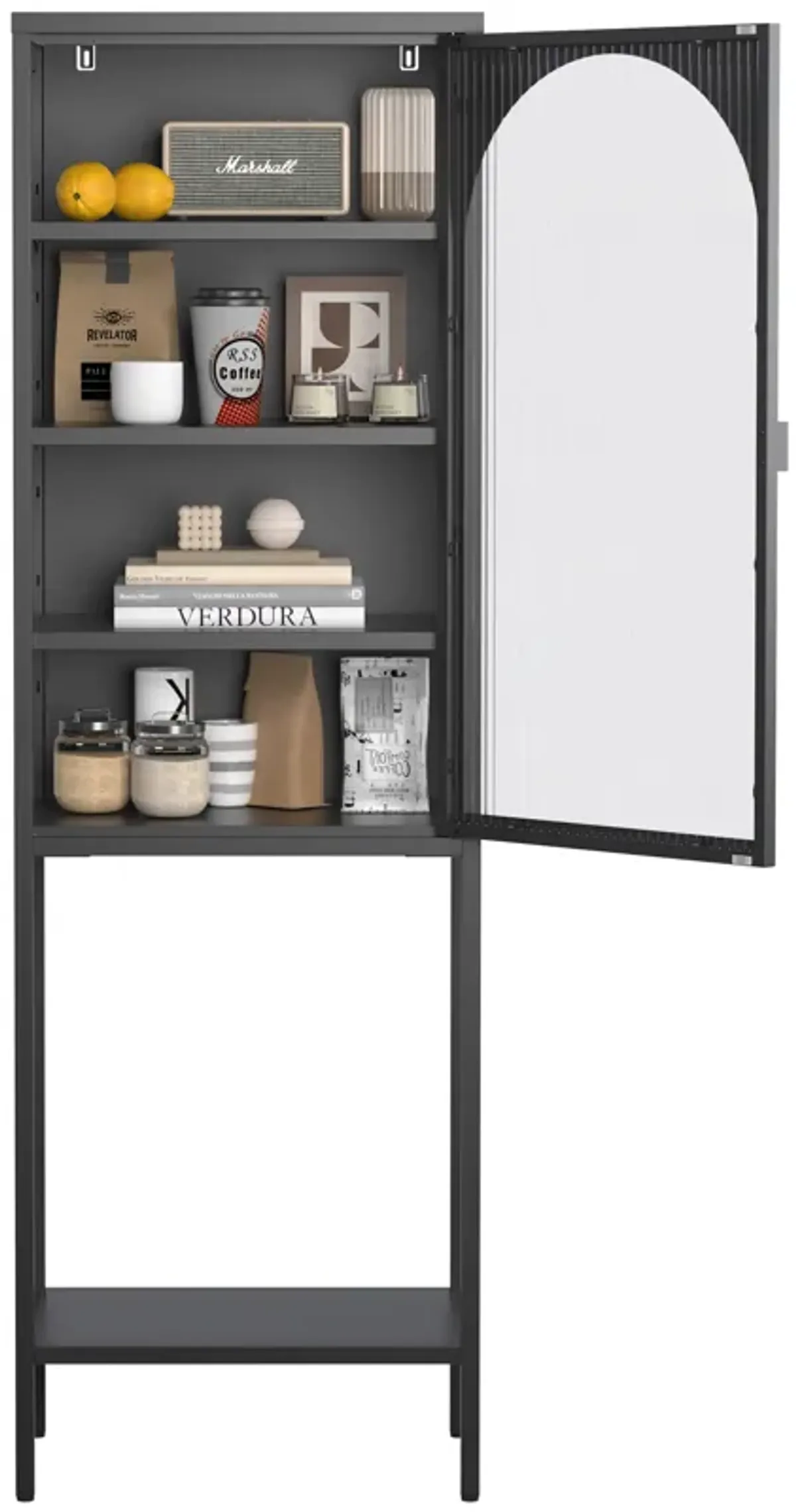 Metal Glass Door Display Storage Cabinet - 5-Tier Cube Bookshelf Storage Cabinet with 3 Adjustable Shelves For kitchen, dining room, living room, bathroom, home office