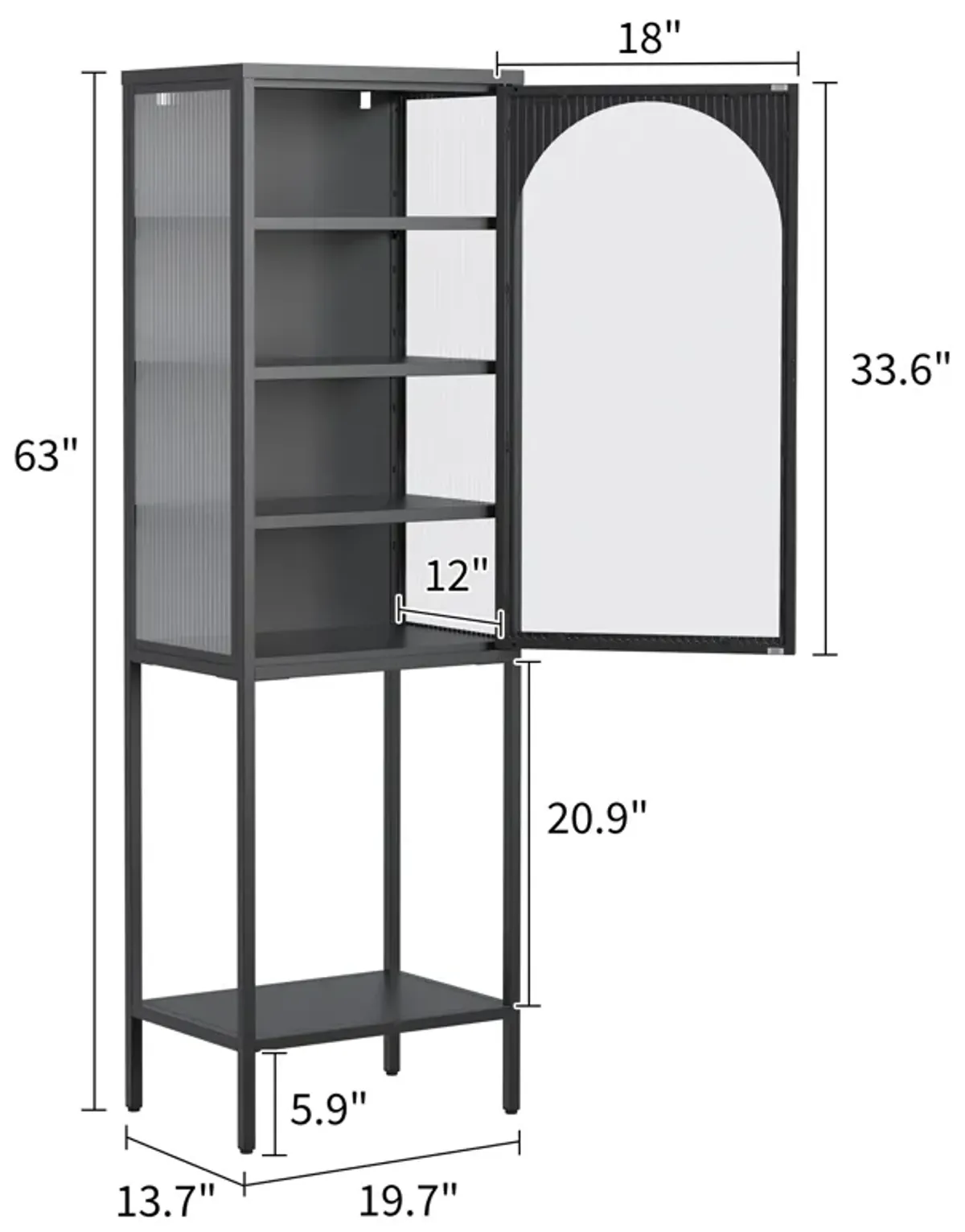 Metal Glass Door Display Storage Cabinet - 5-Tier Cube Bookshelf Storage Cabinet with 3 Adjustable Shelves For kitchen, dining room, living room, bathroom, home office