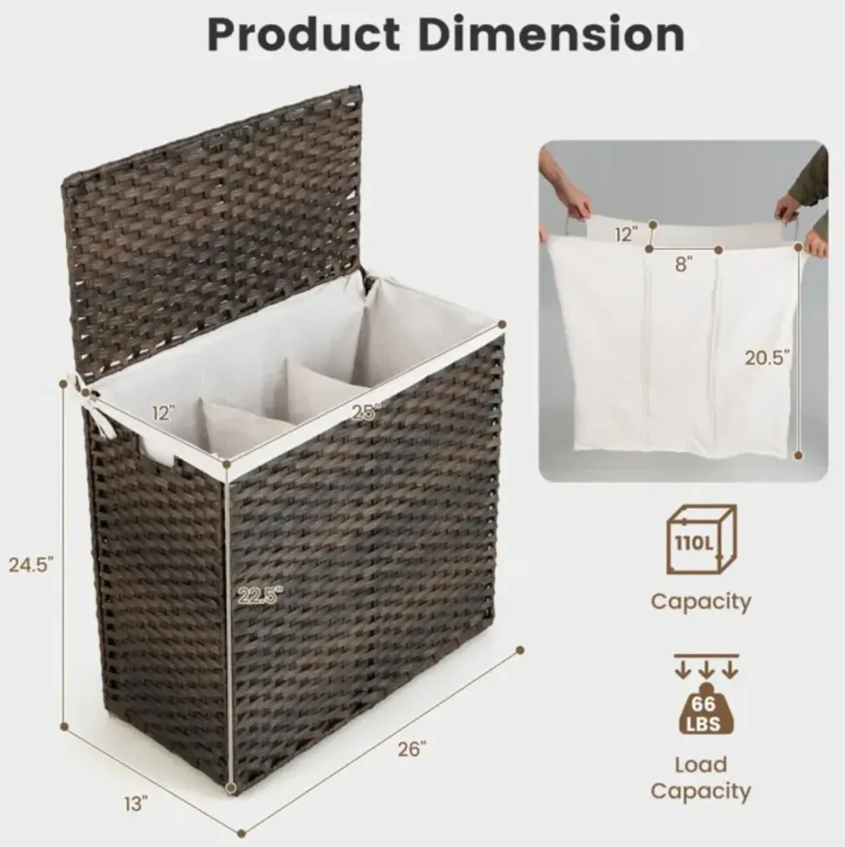 Hivvago 10L 3-Section Laundry Hamper with Liner Bag and Handle-Brown