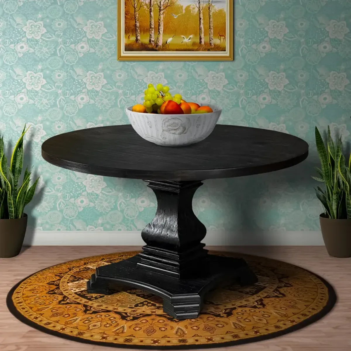 Traditional Style Wooden Round Top Dining Table with Pedestal Base, Antique Black - Benzara